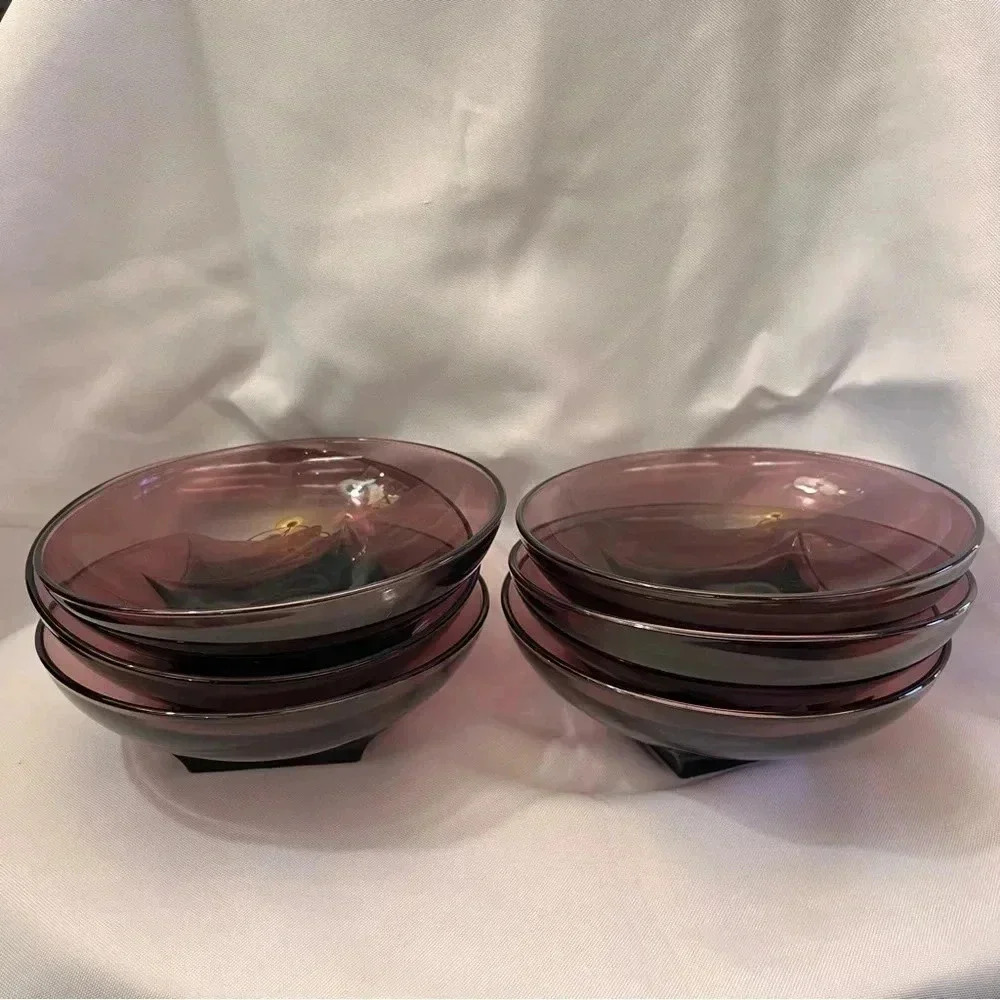 GORGEOUS Vintage Set of 6 Square Base Amethyst Purple Glass Salad Bowls - Picture 5 of 5